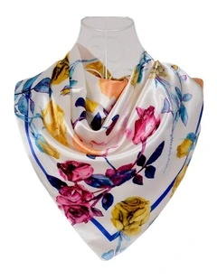 Colored Floral Silk Scarf in White