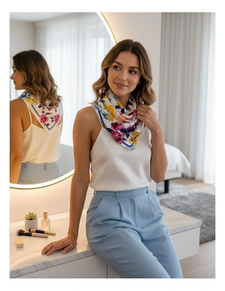 Colored Floral Silk Scarf in White image 2