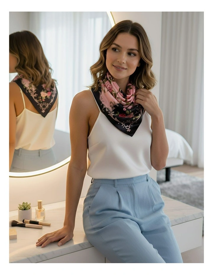 Floral Scarf 90x90cm in Navy Blue image 2