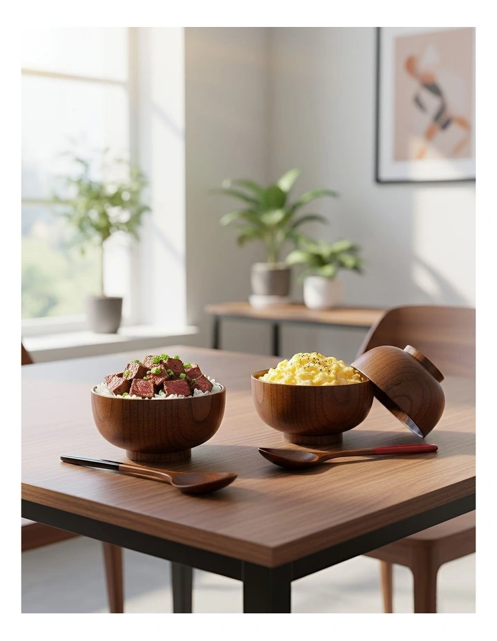 Wooden Bowl Spoon Set 4 Pieces in Brown image 2