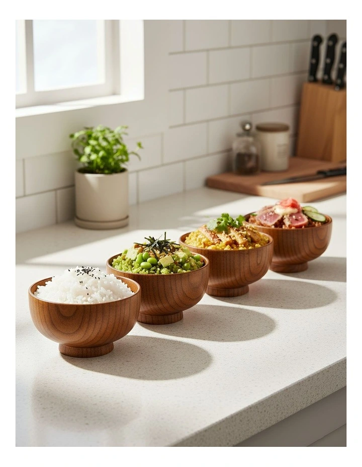 Wooden Food Kitchen Bowl 4 Pieces in Brown image 2