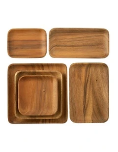 Kitchen Tableware Acacia Wood Food Plate 6 Pieces in Brown