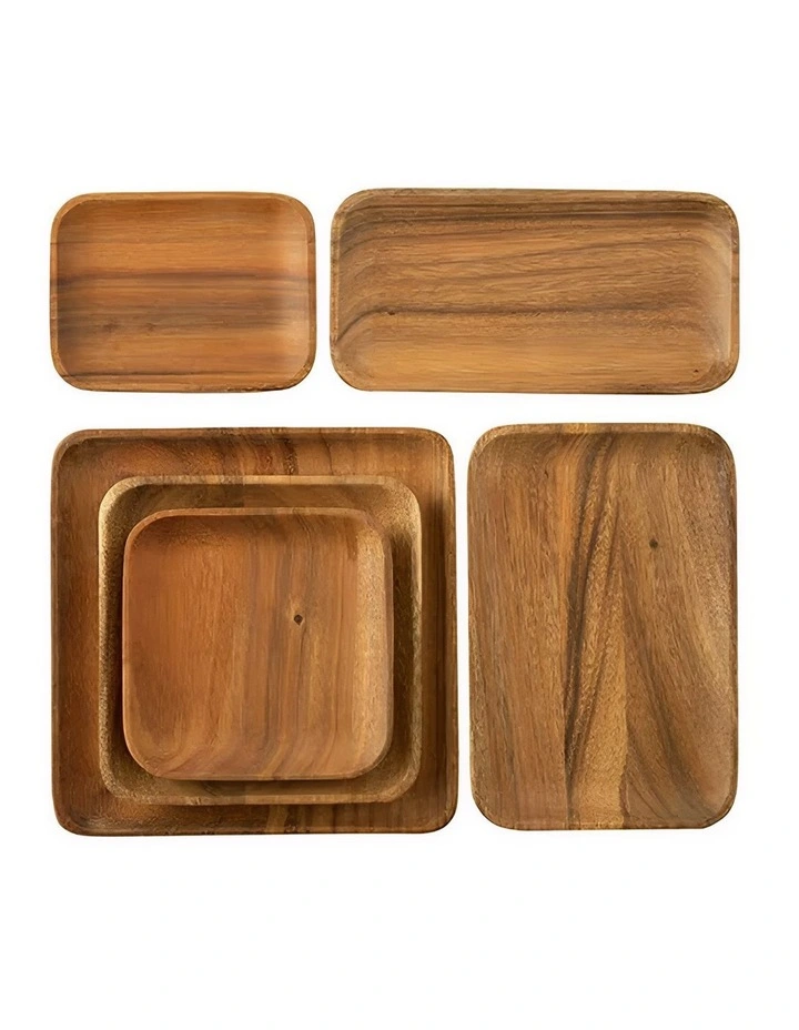 Kitchen Tableware Acacia Wood Food Plate 6 Pieces in Brown image 1