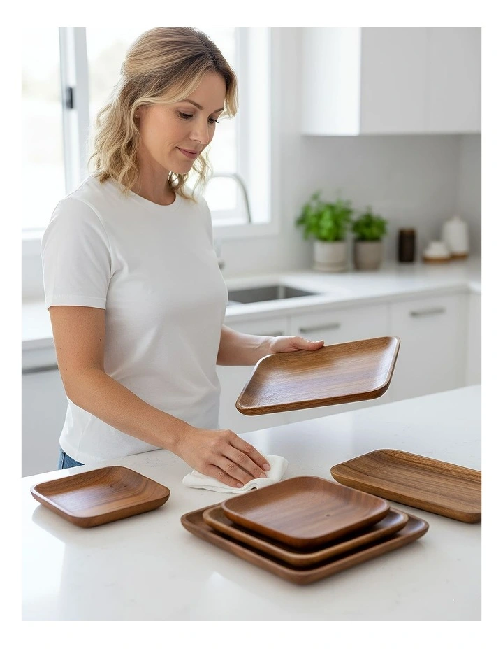 Kitchen Tableware Acacia Wood Food Plate 6 Pieces in Brown image 3