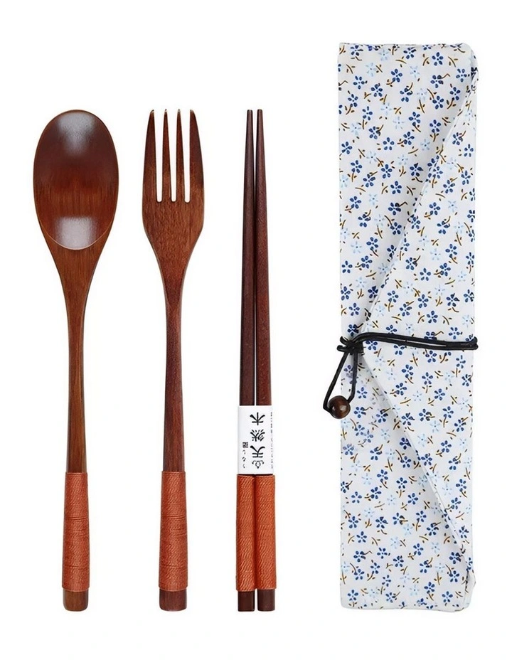 Wooden Spoon Fork Chopsticks Pouch Set 3 Pieces in Orange Blue image 1