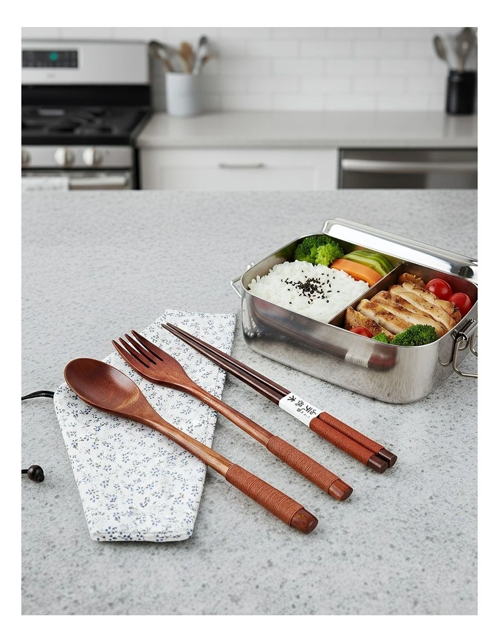 Wooden Cutlery Pouch Set 3 Pieces in Orange White image 2