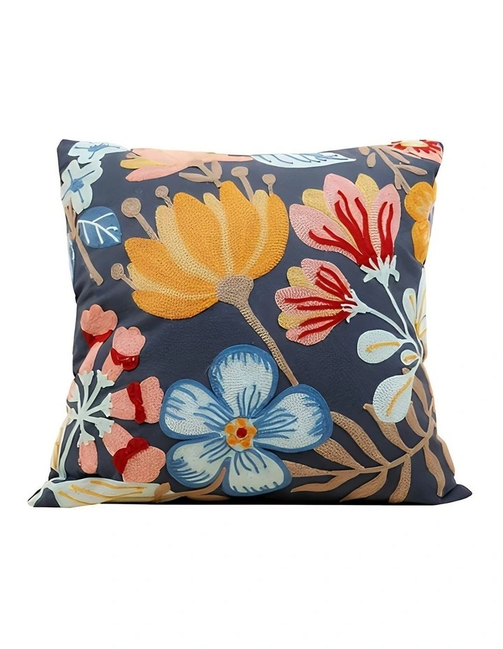 Floral Embroidered Decorative Cushion Cover Pillowcase in Dark Blue image 1