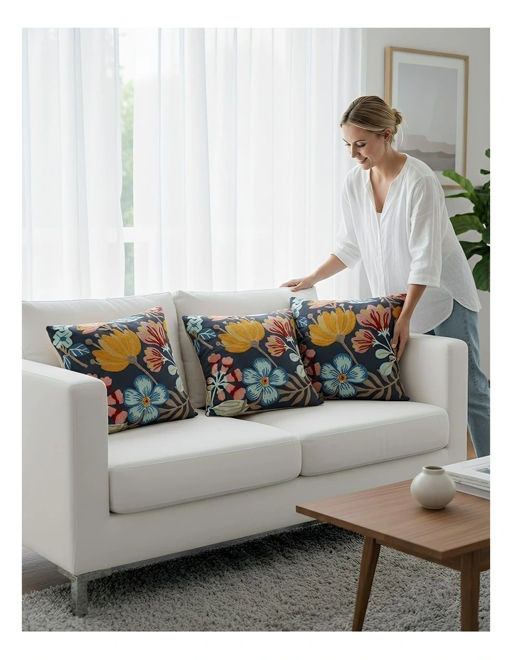 Floral Embroidered Decorative Cushion Cover Pillowcase in Dark Blue image 3