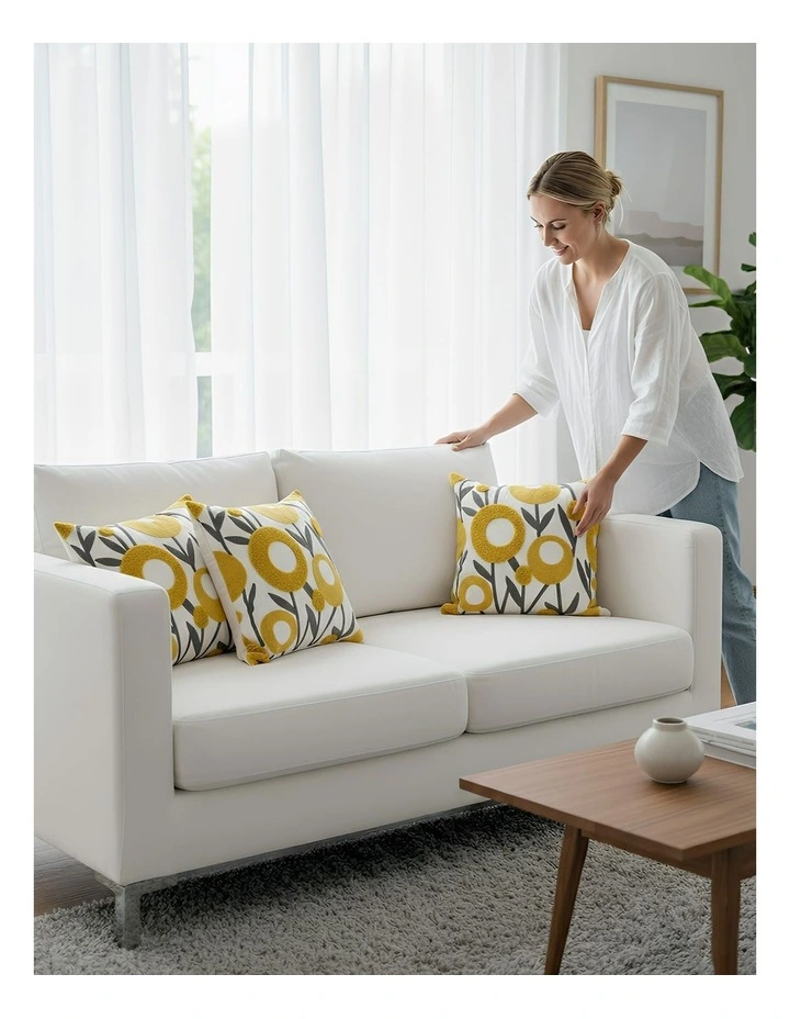 Floral Embroidered Decorative Cushion Cover Pillowcase in White With Yellow Boho image 3