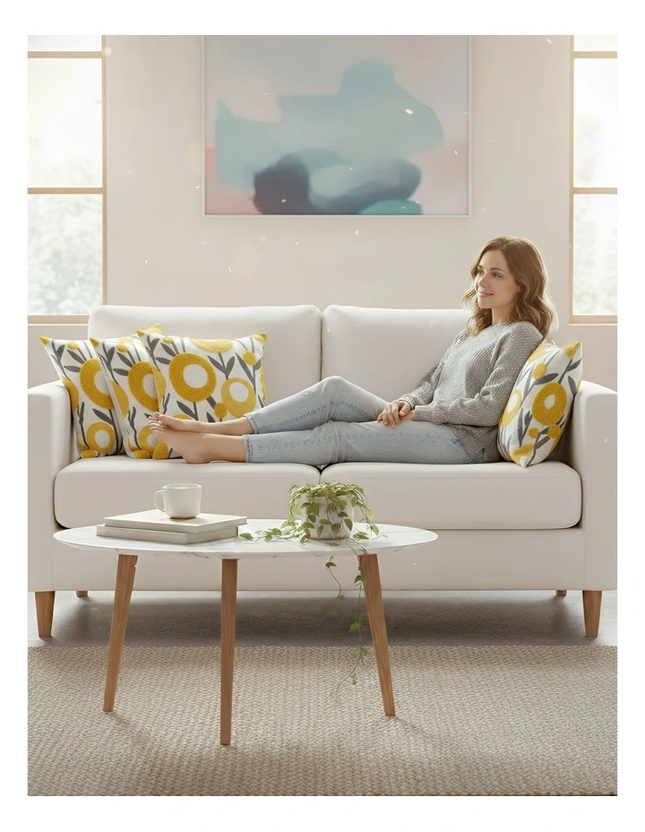 Floral Embroidered Decorative Cushion Cover Pillowcase in White With Yellow Boho image 5