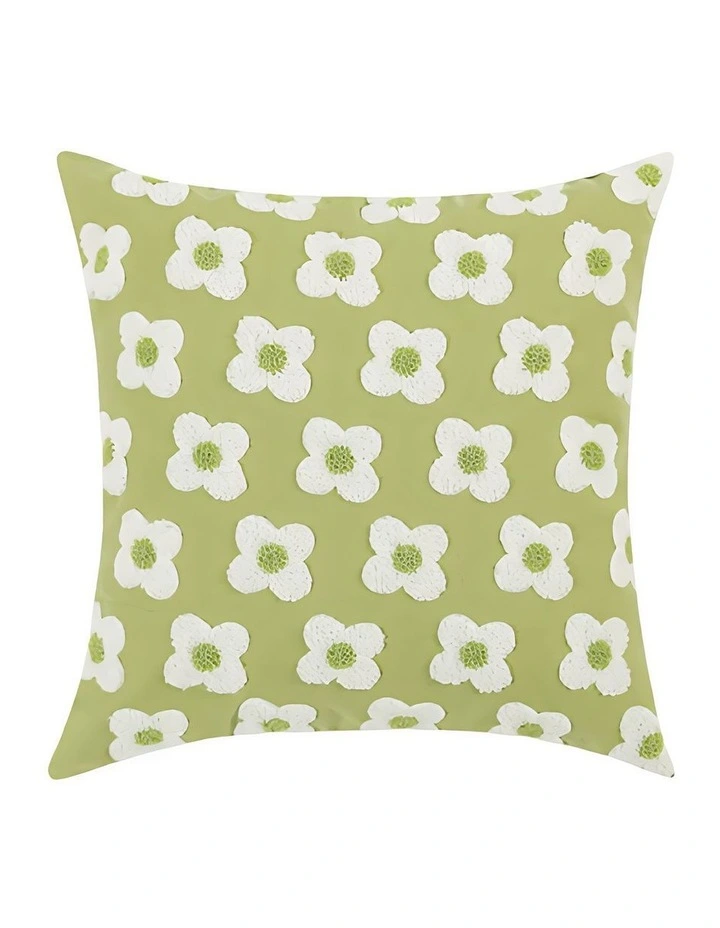 Daisy Plush Pillowcase Floral Embroidered Cushion Cover in Green image 1