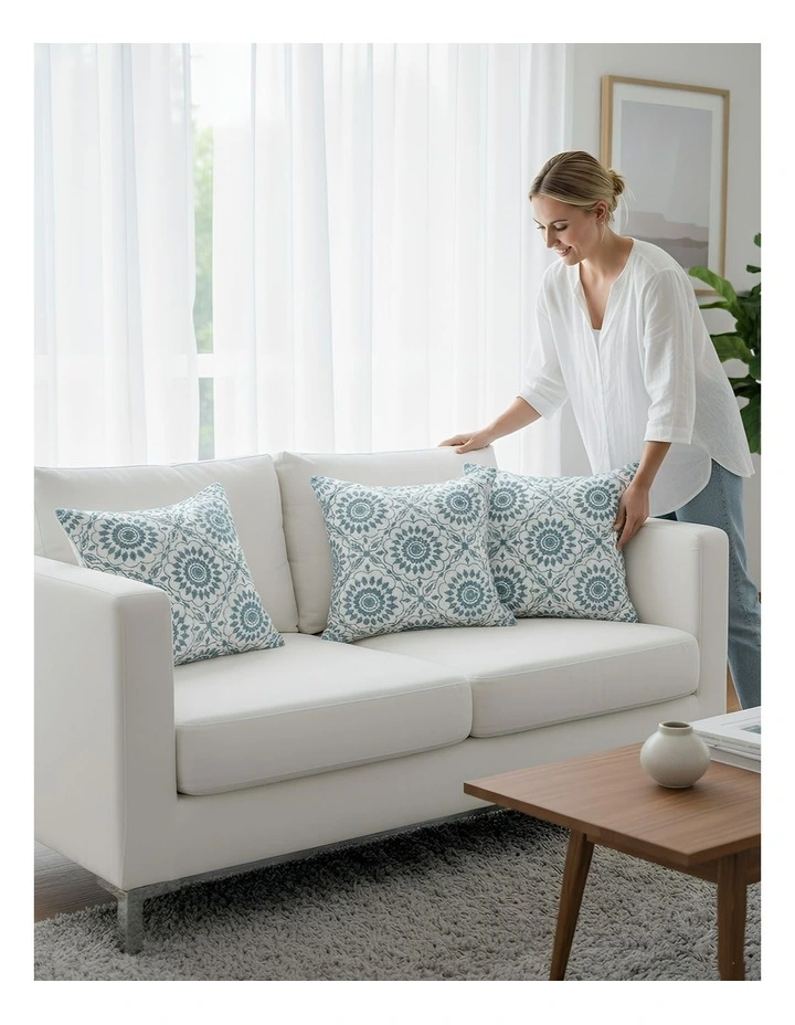 Medallion Pattern Floral Embroidered Decorative Cushion Cover in Blue image 3