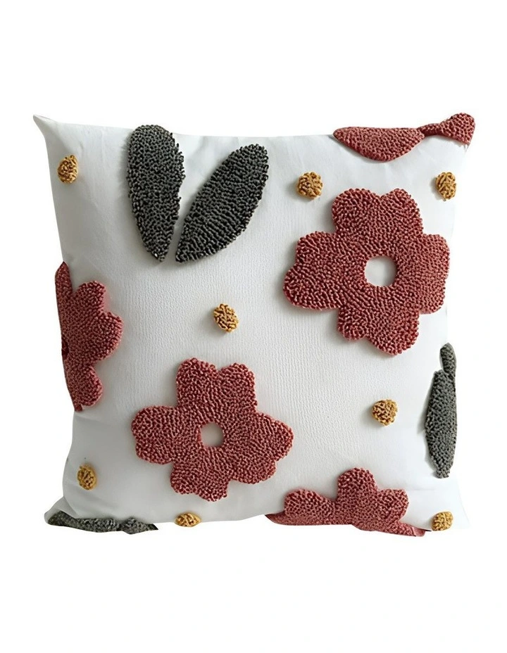 3D Tufted Floral Embroidered Decorative Cushion Cover Pillowcase in White image 1