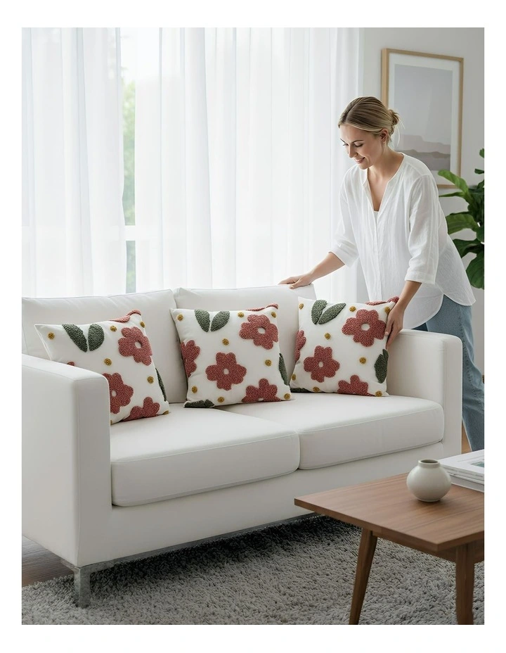 3D Tufted Floral Embroidered Decorative Cushion Cover Pillowcase in White image 3