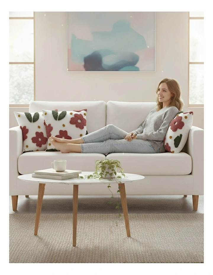 3D Tufted Floral Embroidered Decorative Cushion Cover Pillowcase in White image 5