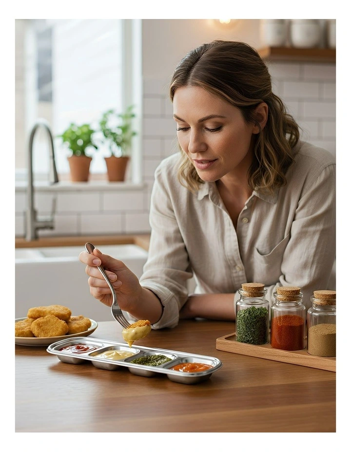 Stainless Steel Dipping Seasoning Sauce Dish Plates Grid 4 in Silver image 3