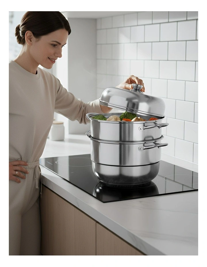 Stainless Steel Three Layer Thick Steamer Pot in Silver image 3