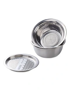 Stainless Steel Basket Strainer Bowl with Vegetable Cutter 3 Pieces in Silver