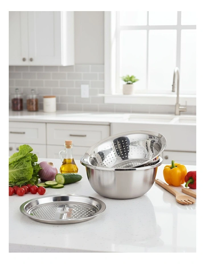 Stainless Steel Basket Strainer Bowl with Vegetable Cutter 3 Pieces in Silver image 2