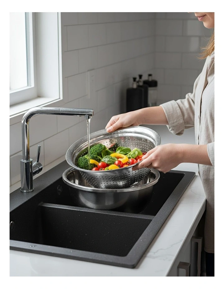 Stainless Steel Basket Strainer Bowl with Vegetable Cutter 3 Pieces in Silver image 3