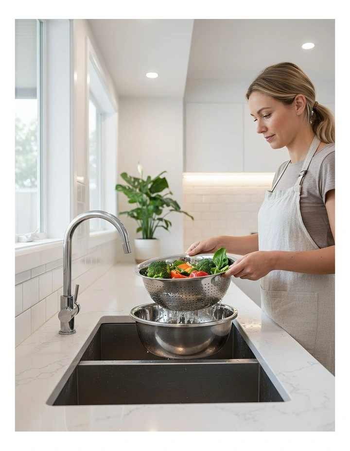 Stainless Steel Basket Strainer Bowl with Vegetable Cutter 3 Pieces in Silver image 5