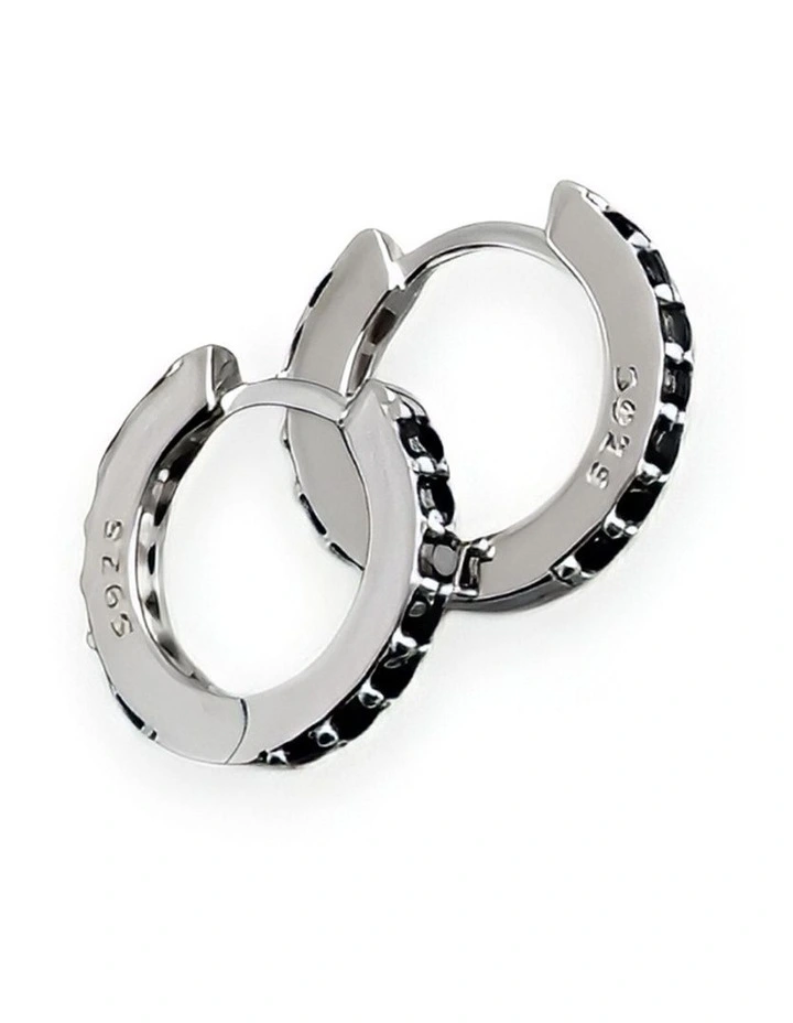 Sterling Punk Pave CZ Ear Buckle Teen Fashion Round Earrings 8.8mm in Silver Black image 1