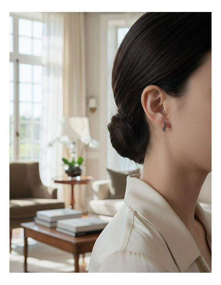 Sterling Punk Pave CZ Ear Buckle Teen Fashion Round Earrings 8.8mm in Silver Black image 4