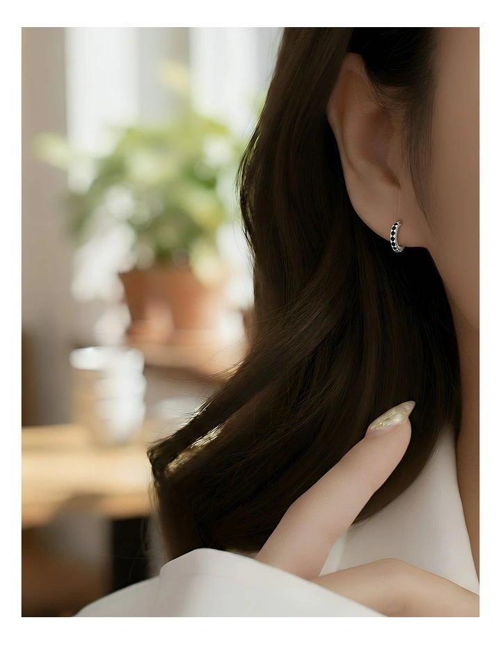 Sterling Punk Pave CZ Ear Buckle Teen Fashion Round Earrings 8.8mm in Silver Black image 5