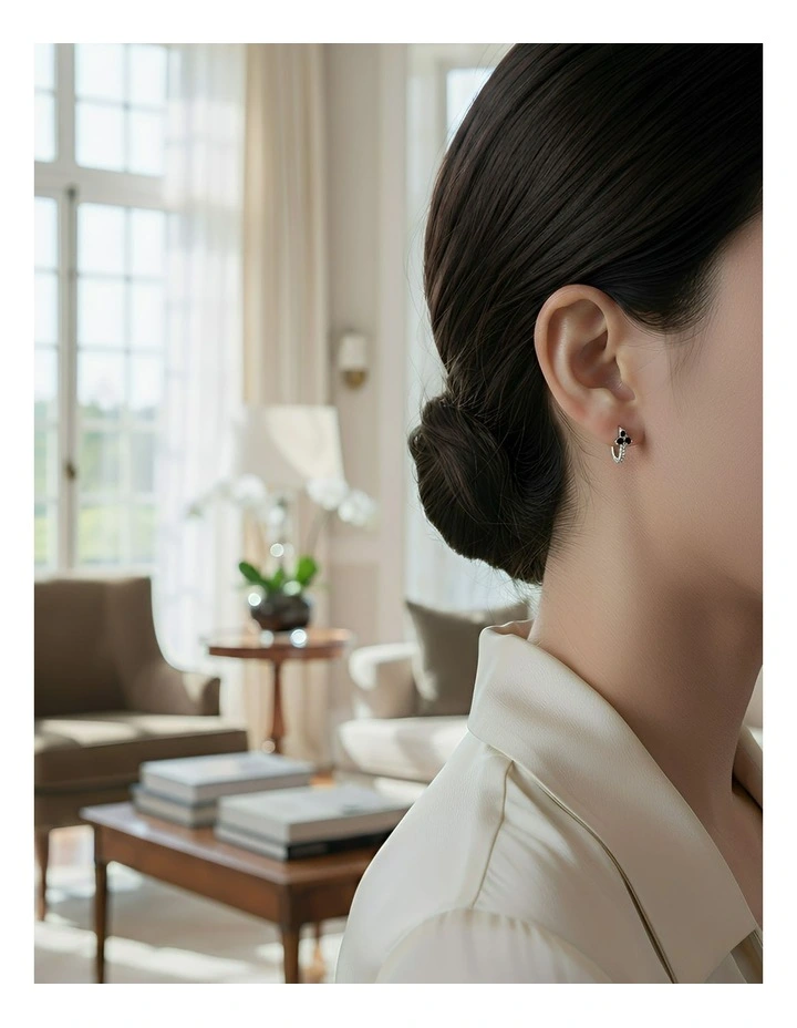 Sterling Minimalist Pave Zircon Flower Stud Earrings in Silver Black image 4