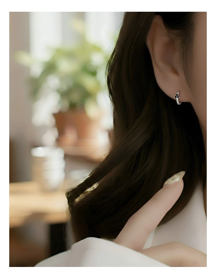 Sterling Minimalist Pave Zircon Flower Stud Earrings in Silver Black image 5