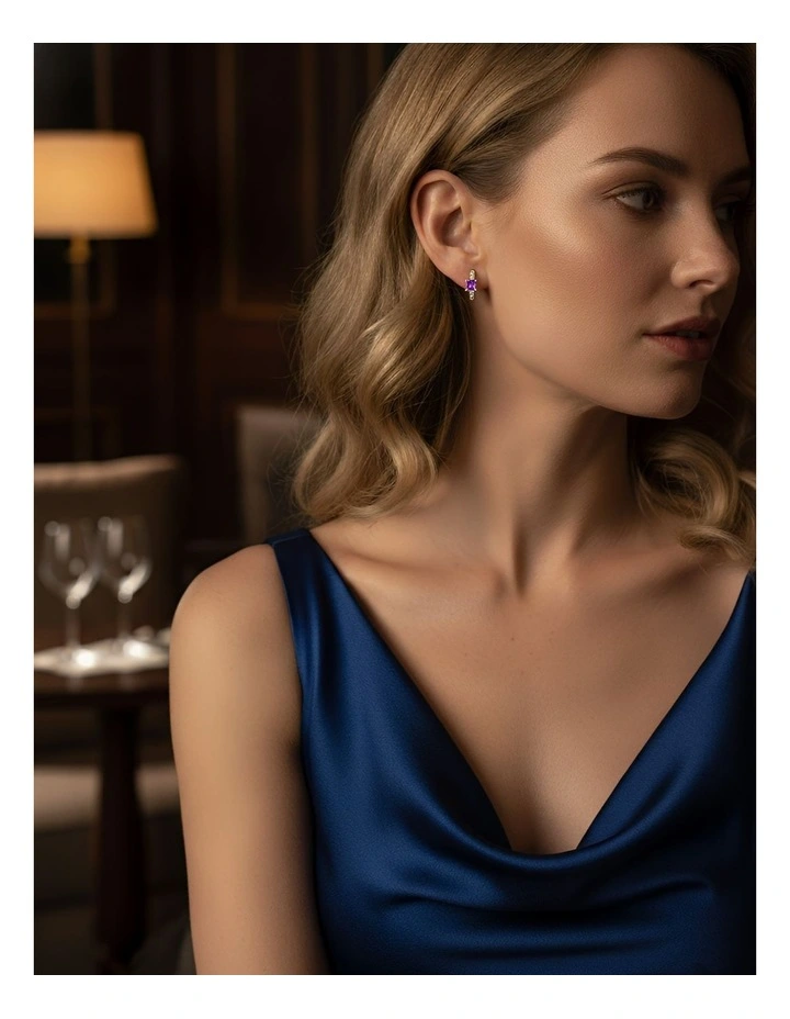 Purple Square CZ Round Ear Buckle for Teen Fashion Gold Plated Earrings in Gold image 2