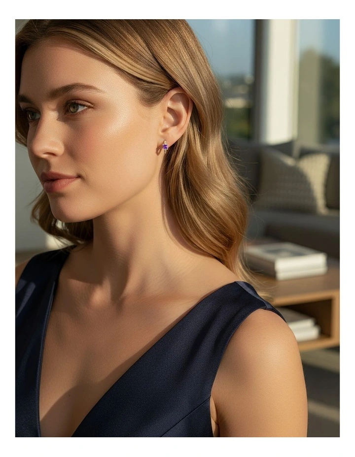 Purple Square CZ Round Ear Buckle for Teen Fashion Gold Plated Earrings in Gold image 4