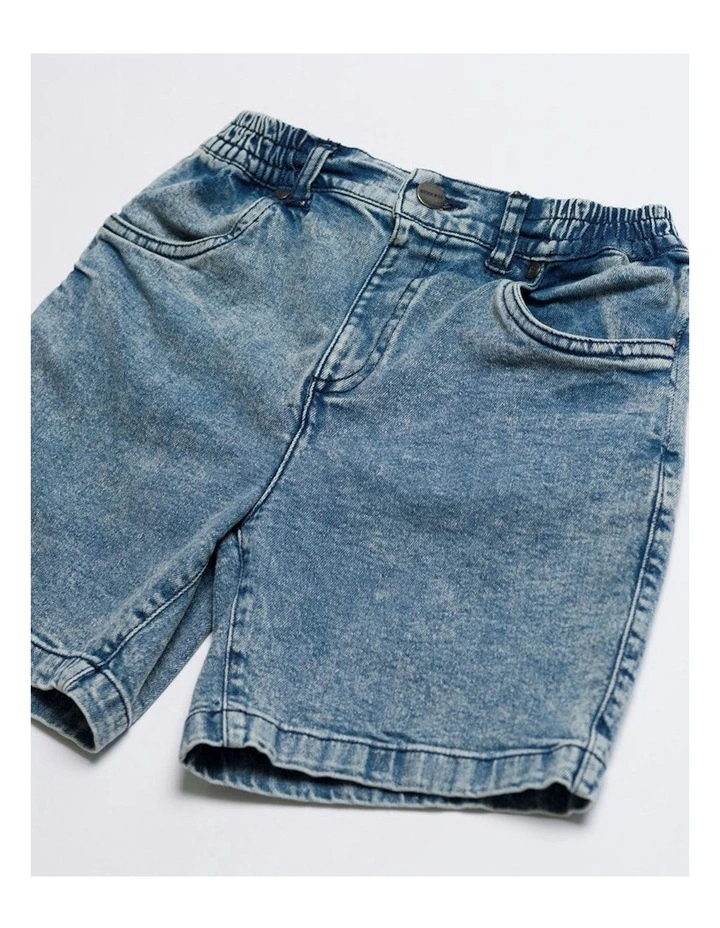 Axis Elastic Waist Stretch Denim Shorts in Blue image 3