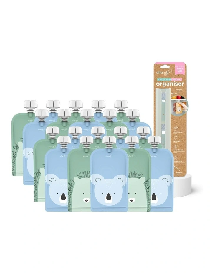 Reusable Baby Food Pouches and Yoghurt Pouches Organizer Bundle 120ml of 20 Pack in Cerulean and Sage image 1