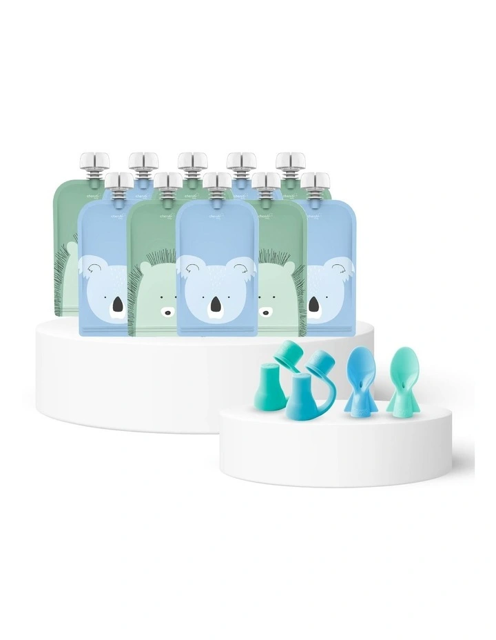 Reusable Baby Food Pouches 120ml of 10 Pack + Spoons & Spouts Bundle of 2 Pack in Blue and Green image 1