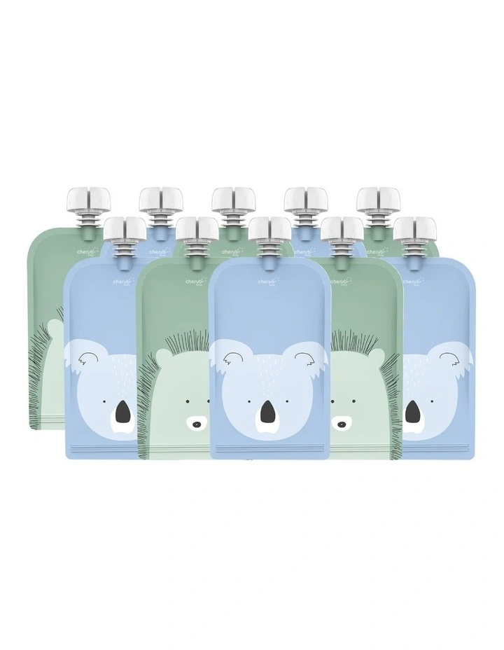 Reusable Baby Food Pouches 120ml of 10 Pack + Spoons & Spouts Bundle of 2 Pack in Blue and Green image 2