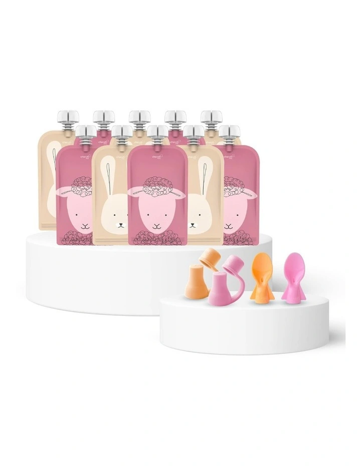 Reusable Baby Food Pouches 120ml of 10 Pack   Spoons & Spouts Bundle of 2 Pack in Pink/Orange image 1