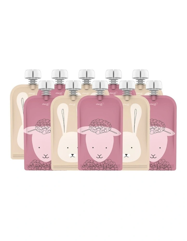 Reusable Baby Food Pouches 120ml of 10 Pack   Spoons & Spouts Bundle of 2 Pack in Pink/Orange image 2