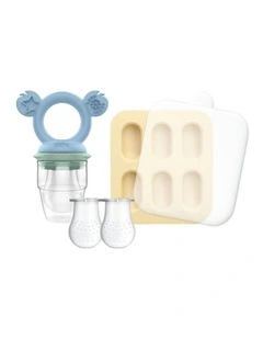 Silicone Baby Fresh Food Feeder + Nibble Tray + Replacement Net Bundle of 2 Pack in Cerulean Sage and Sand