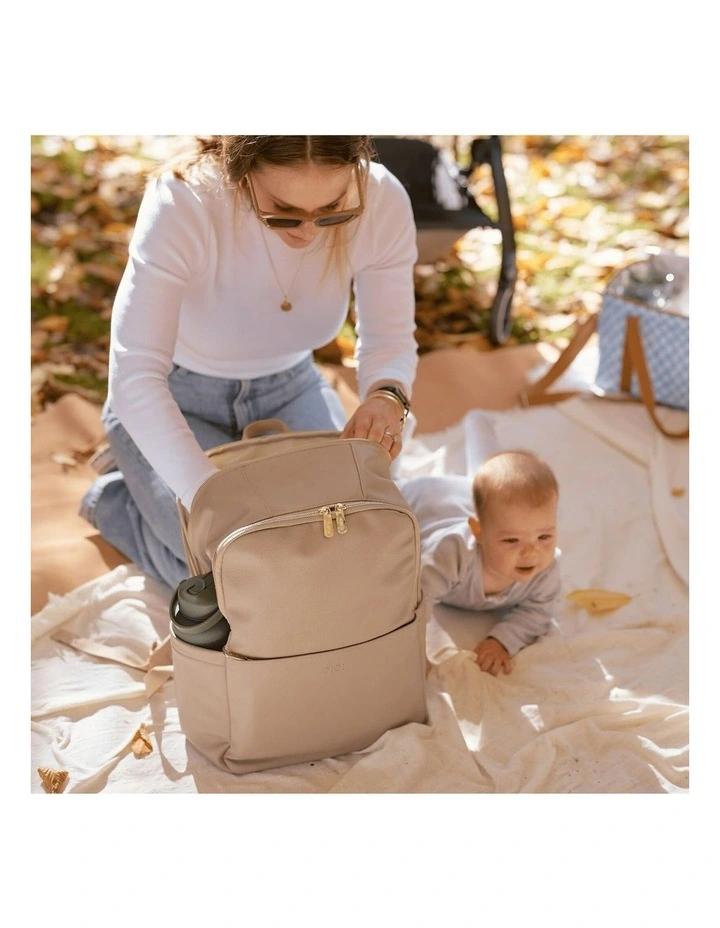 Multitasker Nappy Backpack in Oat Vegan Leather image 3