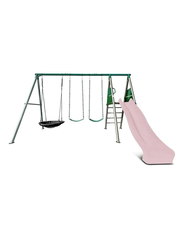 Lifespan Kids Europa Commercial Grade Steel Swing Set with Climb & 2.2m Slide in Pastel Pink image 1