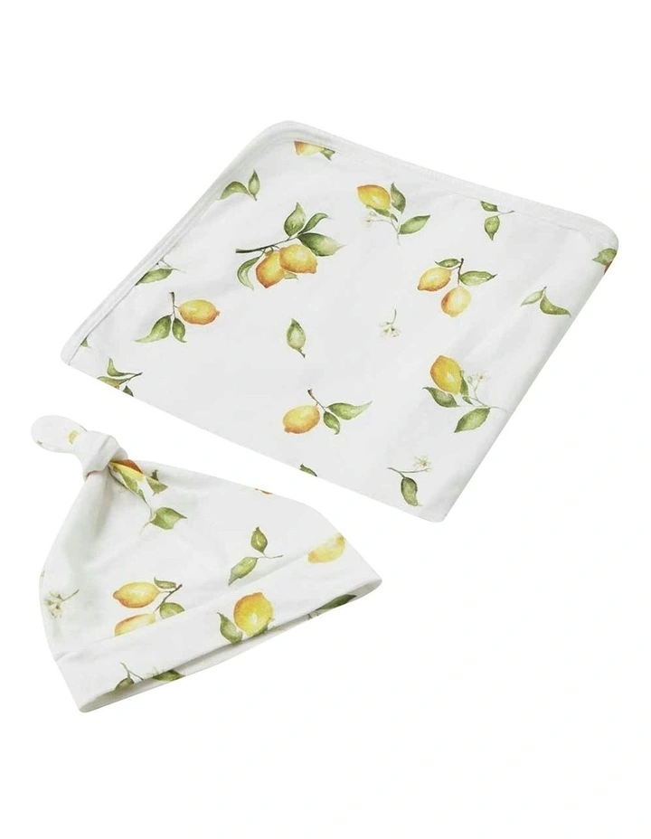 Lemon Print Organic Jersey Wrap and Beanie Set in White image 1