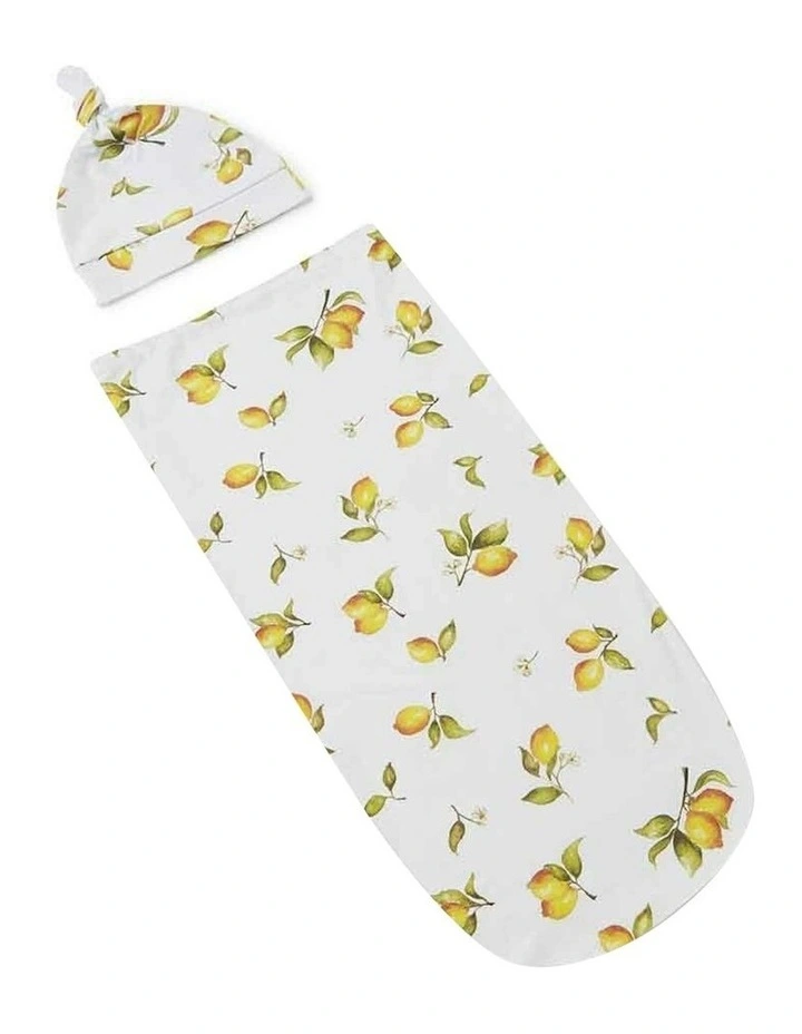 Lemon Print Organic Snuggle Swaddle and Beanie Set in White image 1