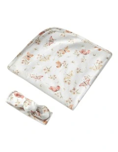 Butterfly Organic Jersey Wrap And Topknot Set in White