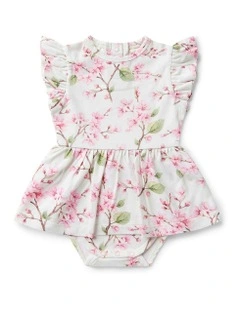 Cherry Blossom Short Sleeve Organic Dress in White