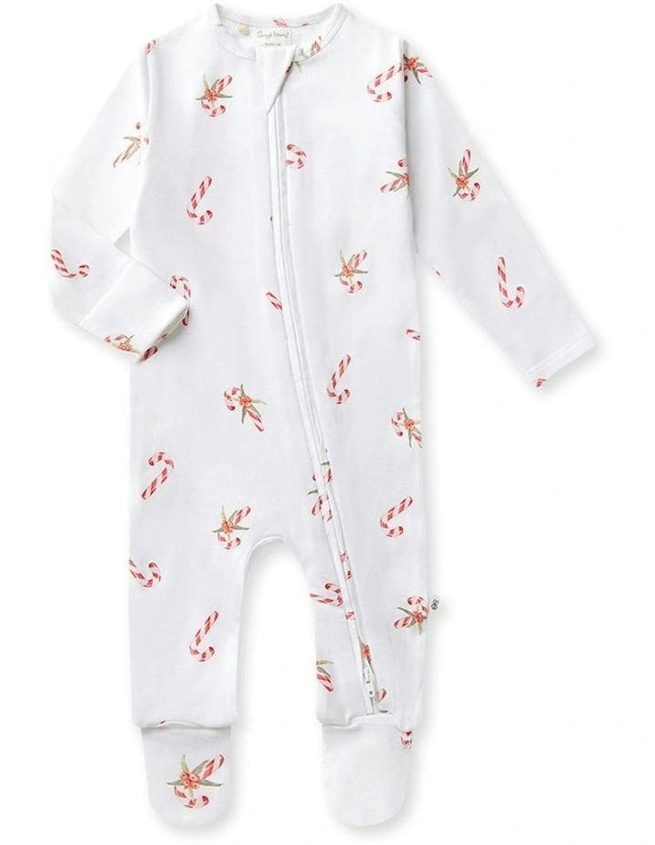 Candy Cane Organic Sleepsuit Zip Footie in White image 1