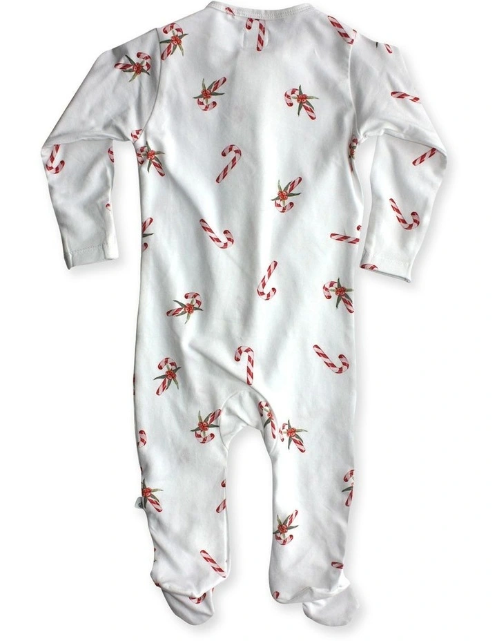Candy Cane Organic Sleepsuit Zip Footie in White image 2