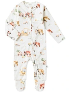 Diggers and Tractors Sleepsuit Zip Footie in White