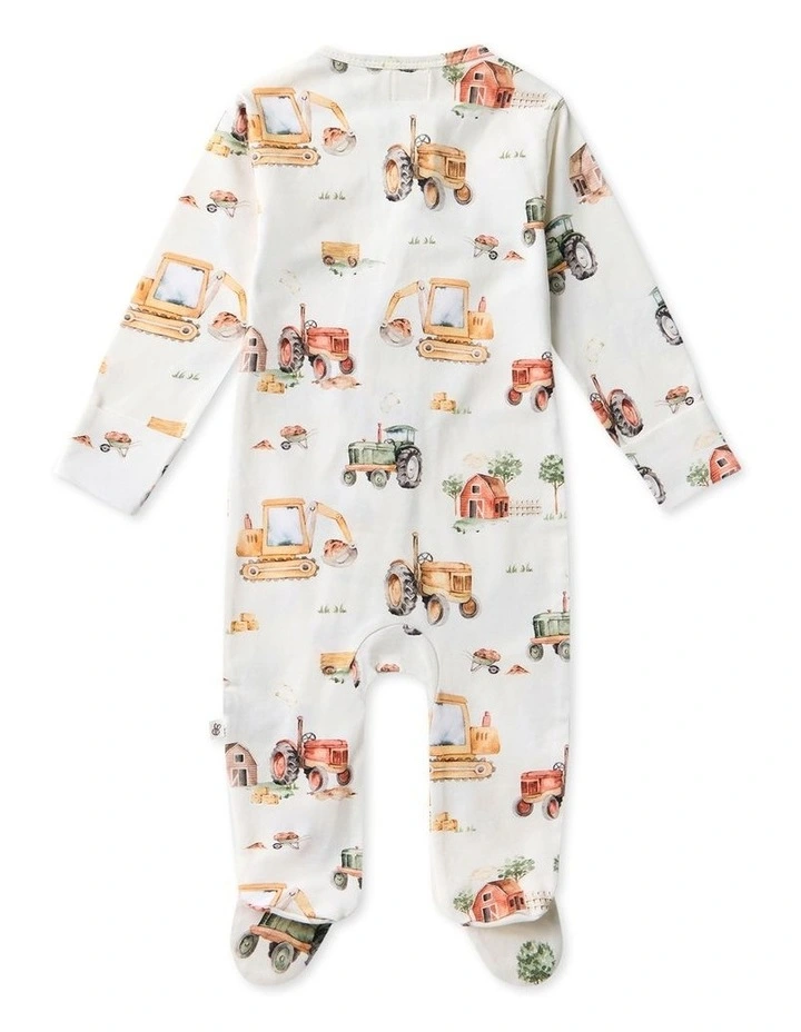 Diggers and Tractors Sleepsuit Zip Footie in White image 2