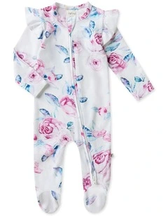 Lilac Skies Sleepsuit Zip Footie with Frill in White